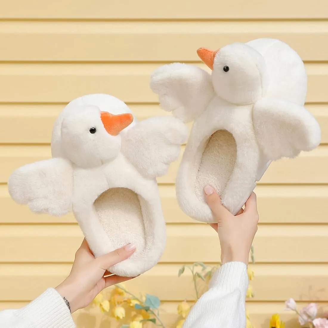 Cute Swan Furry winter Slippers for kids Fluffy Plush Duck House Slippers Soft Memory Foam Non-slip Slides Indoor