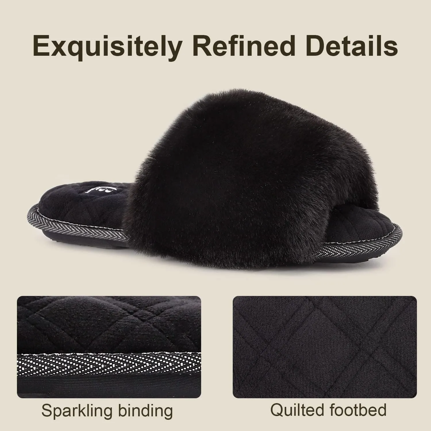 LongBay Women's Fuzzy Faux Fur Memory Foam Cozy Flat Spa Slide Slippers Comfy Open Toe Slip On House Shoes Sandals
