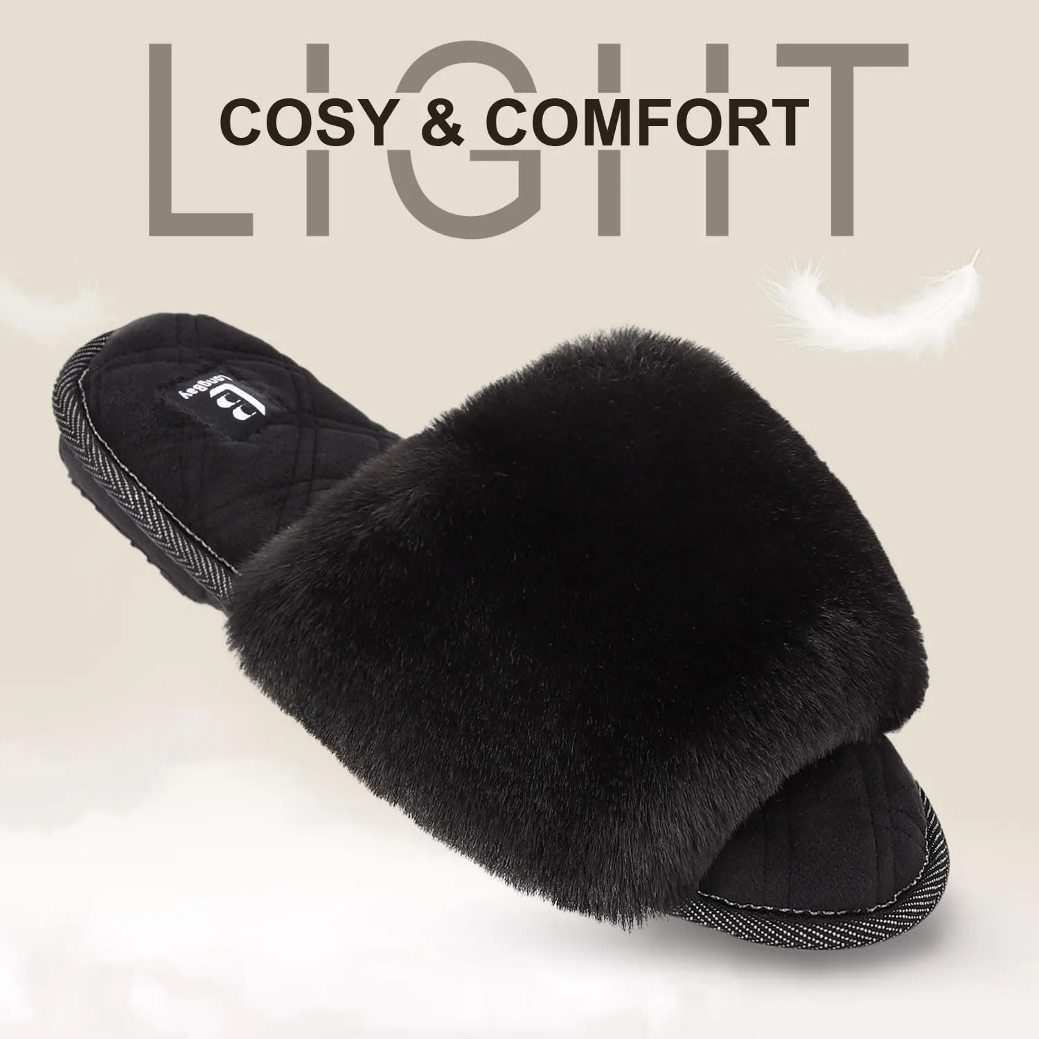 LongBay Women's Fuzzy Faux Fur Memory Foam Cozy Flat Spa Slide Slippers Comfy Open Toe Slip On House Shoes Sandals