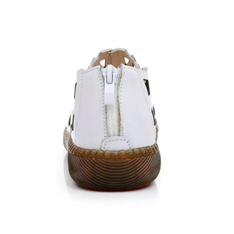 OCW Summer Leather Hollow Women Shoes Sandals Casual Flat Soft Sole Comfortable Sandals